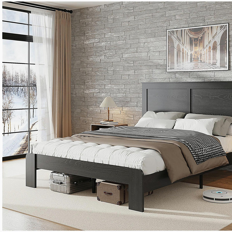 Cadre de lit double, cadre de lit plateforme en bois, silencieux, aucun sommier nécessaire et outil d'assemblage facile, grand rangement sous le lit, noir foncé