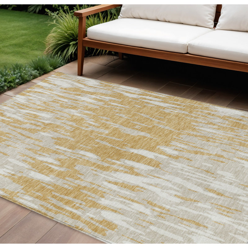 Tapis intérieur lavable abstrait doré et ivoire 8 pi x 10 pi