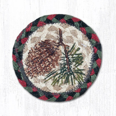  Pinecone Printed Coaster 5" H Braided Jute Rustic Woodland Design for Cabin and Lodge Decor