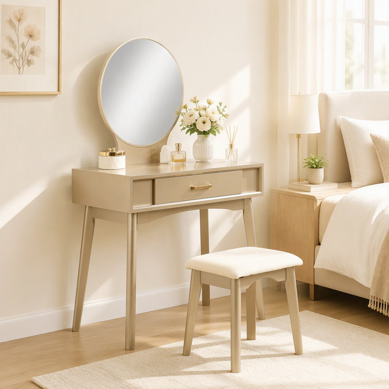 Ensemble coiffeuse et tabouret contemporain en bois, miroir rond à pieds fuselés, structure en hévéa massif et corps en MDF