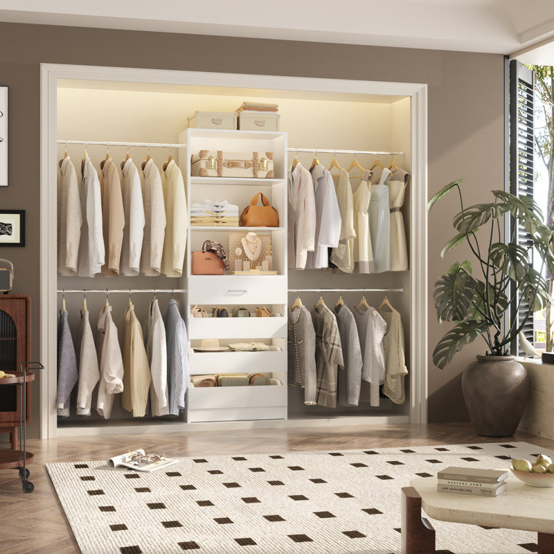 4-9Ft Closet Organizer With 4 Wooden Drawers And 4 Rods, White