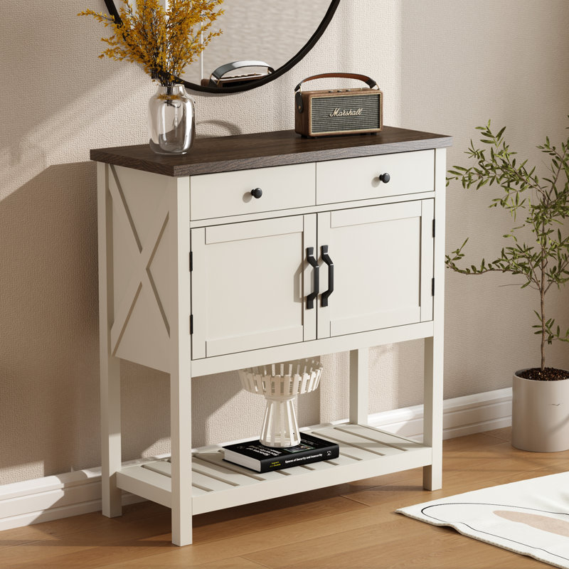 35.8" H Console Table with 2 Doors and Drawer, Dark Brown/White