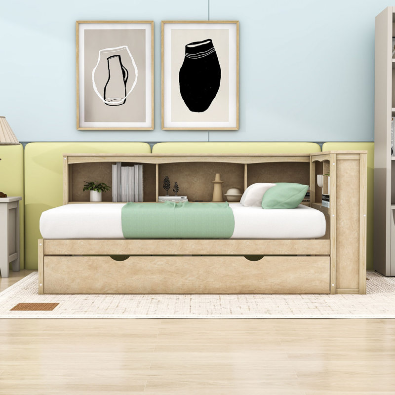 Twin Size Daybed, Built-In Storage, and Charging Station, Wood, Trundle
