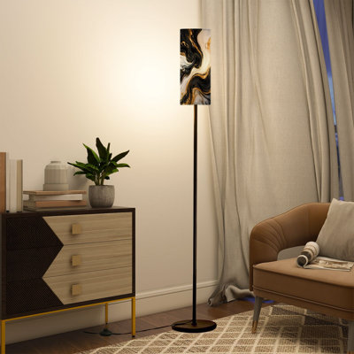 Modern Tall Floor Lamp with Remote Control Dimmable LED, Adjustable Lampshade Black White Marble for Living Room Bedroom Office
