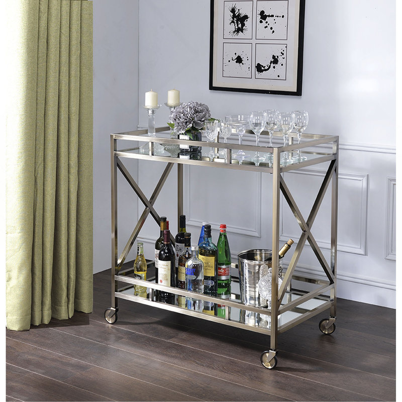 Chariot de service en miroir, H 35 po x l 20 po x P 34 po, Or antique