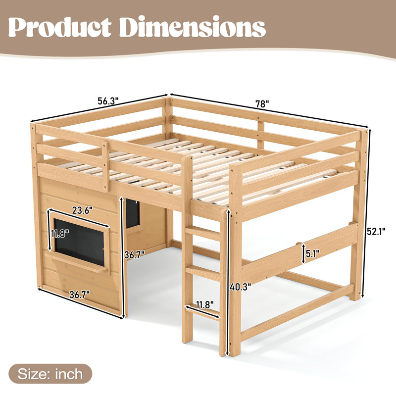 Lit mezzanine double compact avec rangement, maison de jeu rustique en bois aggloméré de pin