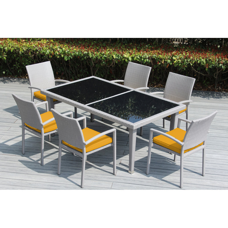 Ensemble de salle à manger empilable 7 pièces Ohana, Sunbrella jaune tournesol, gris