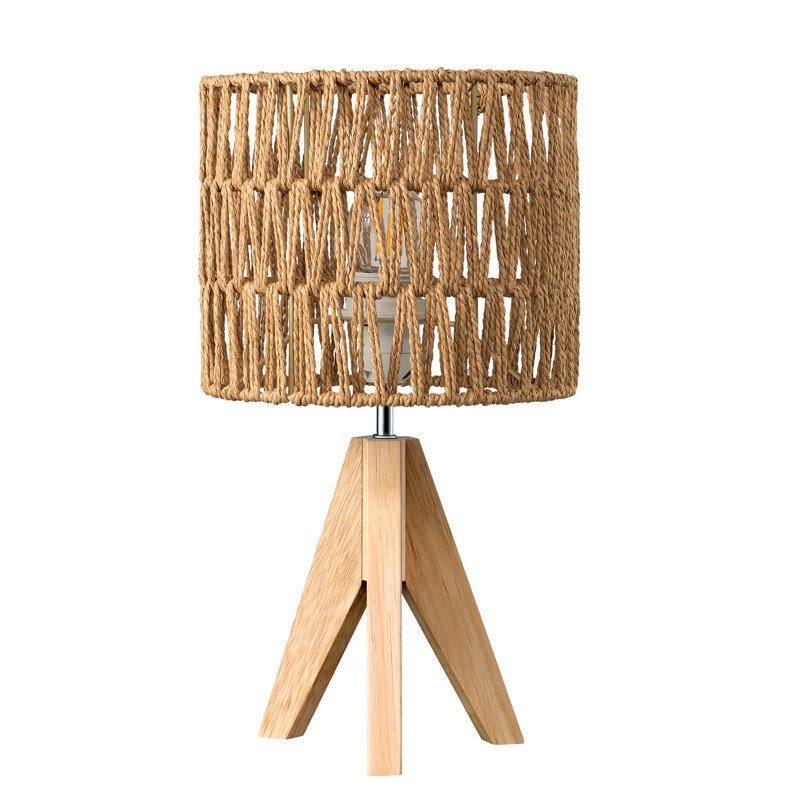 36cm Solid Wood Tripod Lamp With Rope-Woven Lampshade (Bulb Included)
