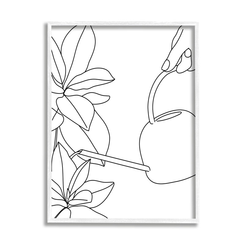 Arrosoir et fleurs printanières - Dessin, H 20 po x l 16 po, Giclée encadrée blanc bord de mer