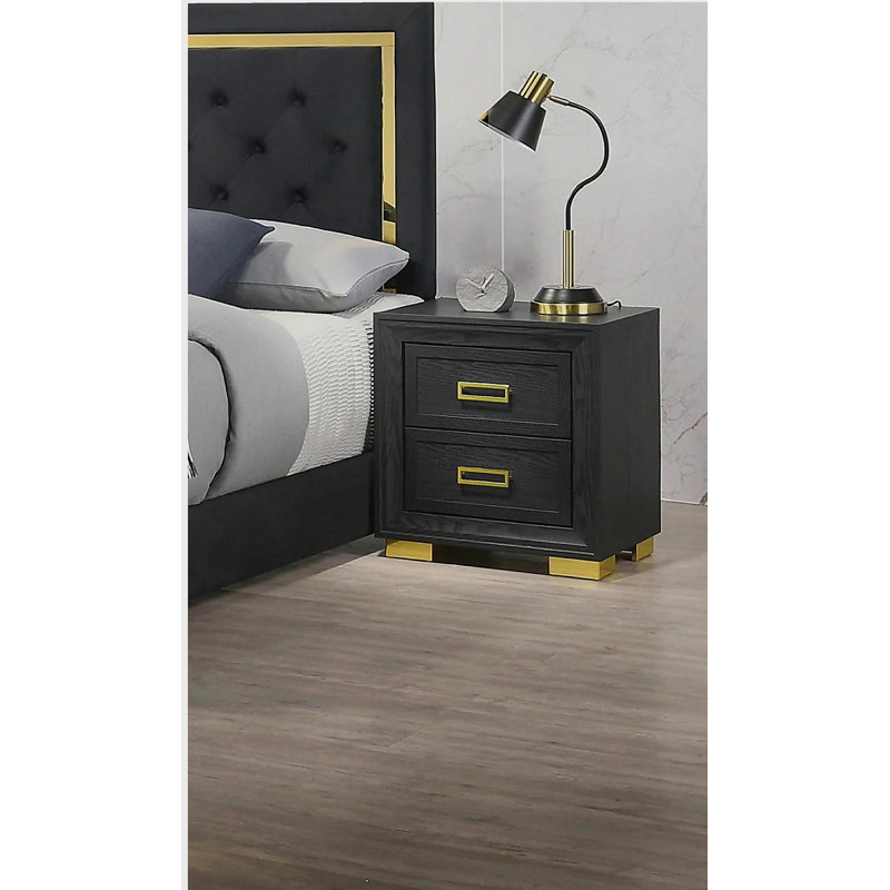 Ensemble de 1 table de chevet à 2 tiroirs de style moderne de luxe avec finition en or noir et quincaillerie de chambre à coucher or