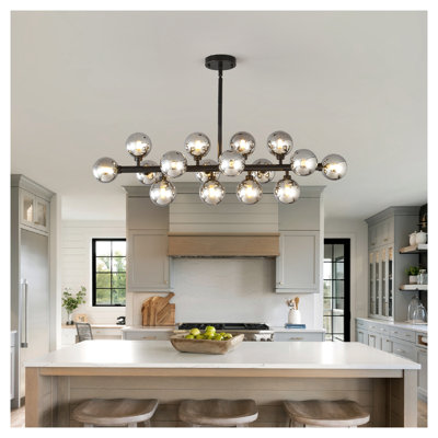 Luminaire suspendu style campagne moderne 16 lumières avec abat-jour en verre gris fumé noir mat