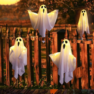 4-Pack Halloween Ghost with Lights - Battery Powered Hanging Decor, Spooky Glowing Outdoor Lights for Garden, Fence, Tree, Party - Indoor/Outdoor Decoration
