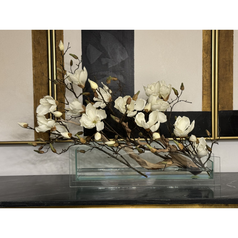 Sloped Glass Planter With White Magnolias