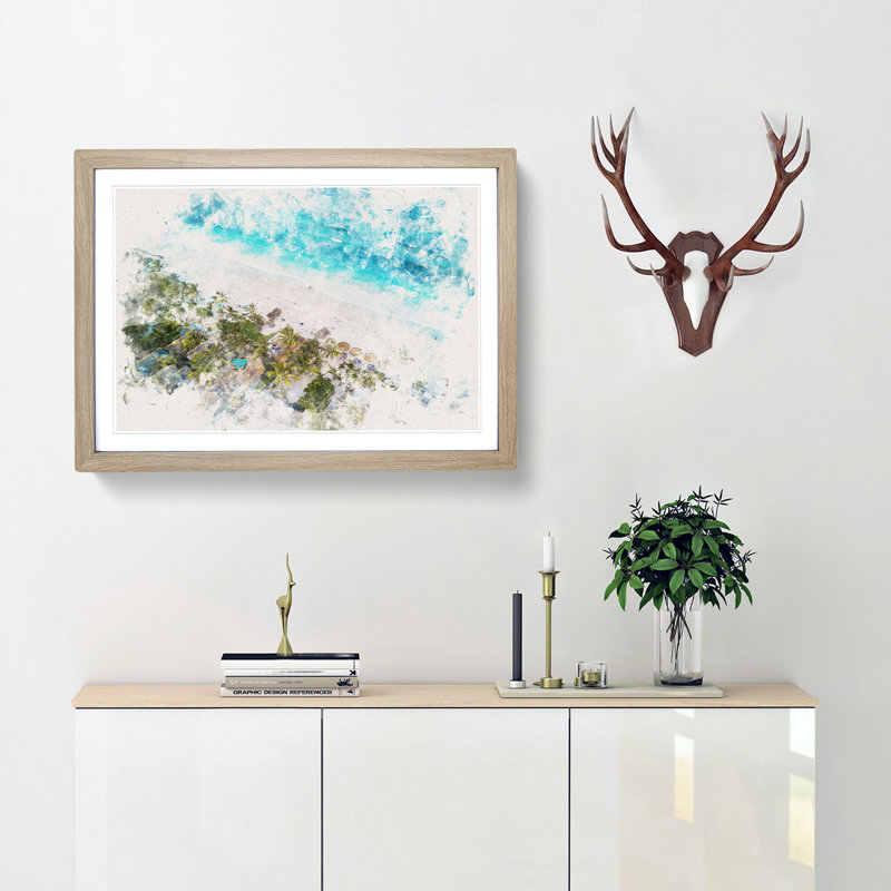 Washed Up In Tulum Mexico Watercolour - Framed Print, 33cm H x 45cm W x 2cm D, Oak