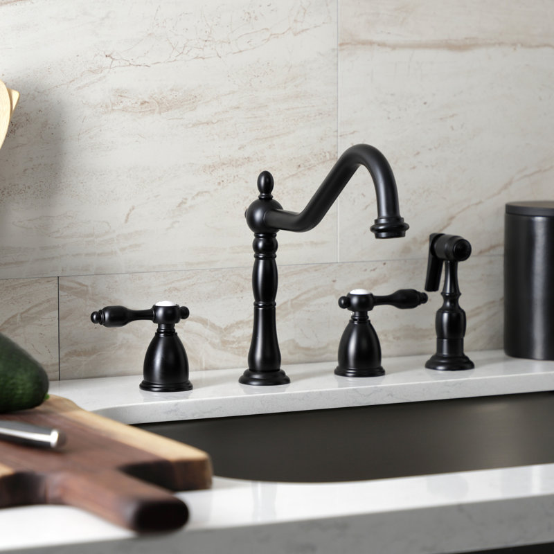 Kingston Brass Tudor Double-Handle Widespread Kitchen Faucet, With Spray, Matte Black