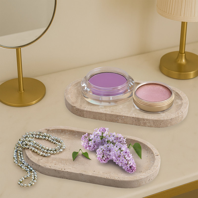 2 Pieces 100% Marble Oval Bathroom Tray Set, Beige