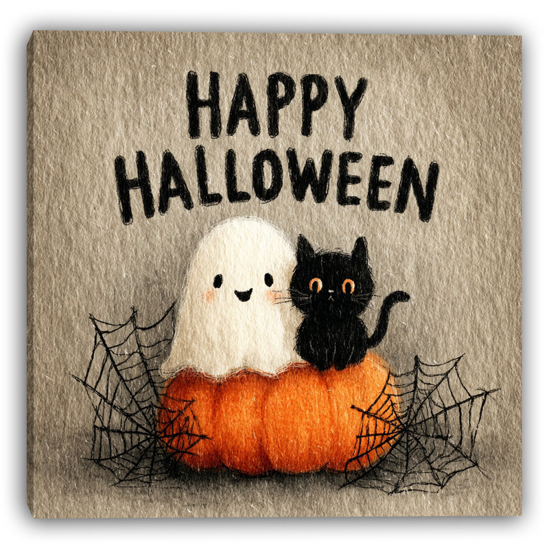 «Happy Halloween», chat et fantôme, art mural sur toile tendue, H 30 po x l 30 po