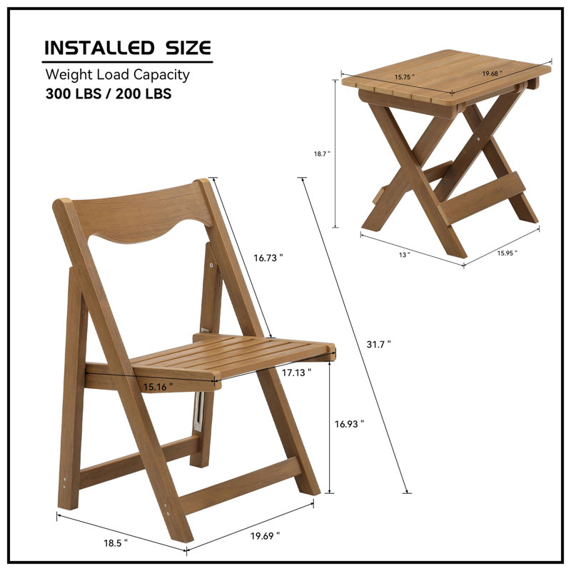 Foldable Small Table and Chair Set with 2 Chairs and Rectangular Table, Teak