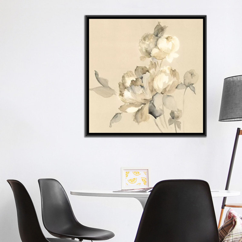 « pivoine fleurs », impression sur toile, H 18 po x l 18 po x P 1,5 po, Toile avec cadre noir, Pas de tapis