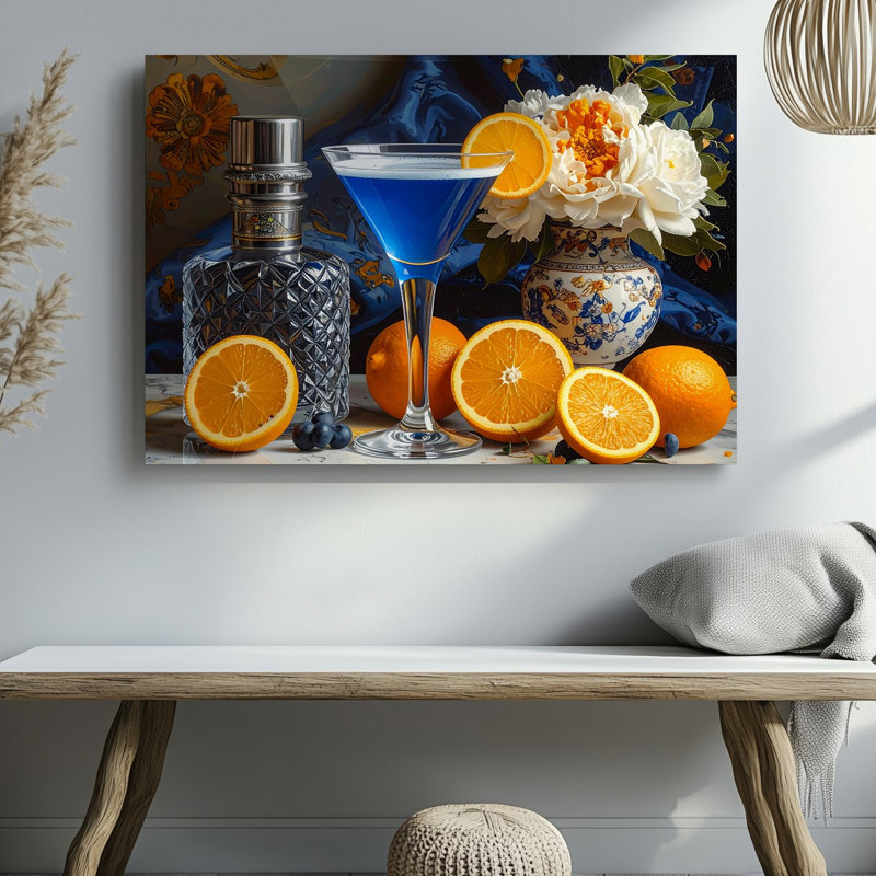 Toile, art baroque, nature morte, cocktail, fruits et fleurs, H 30 po x l 30 po