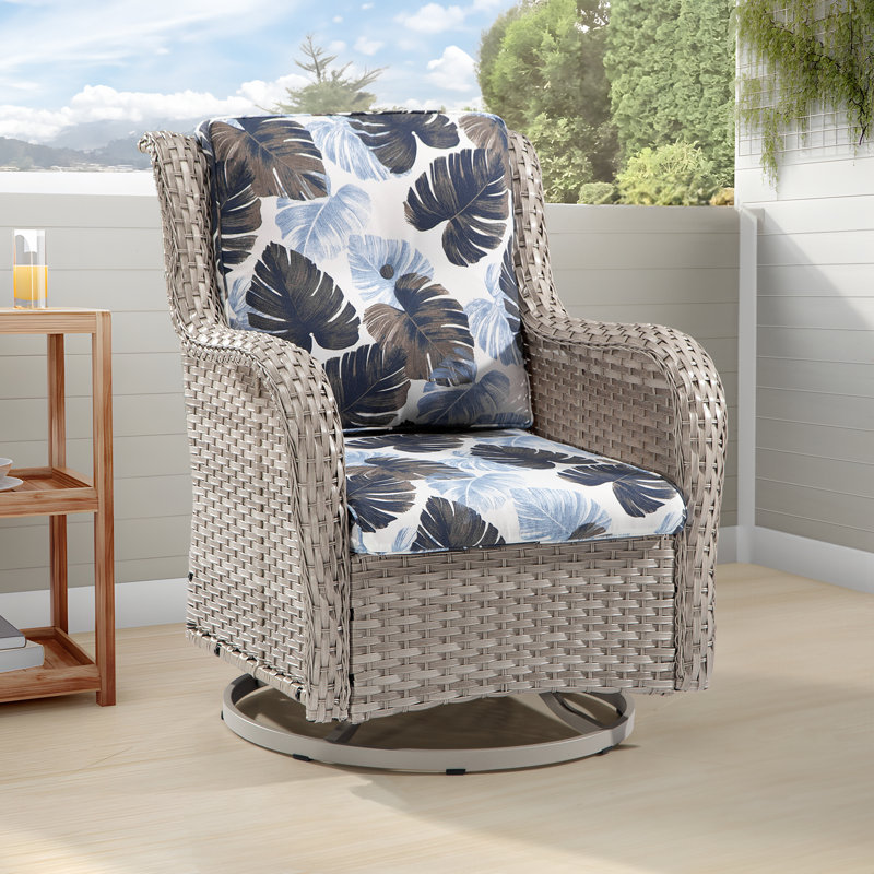 Chaise berçante d'extérieur en polyéthylène (PE) avec coussins Ashlamari, gris, Bleu Monstera