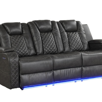 Power Reclining Sofa With Faux Leather, Adjustable Headrests, And Ambient LED Lighting For Ultimate Comfort And Style.