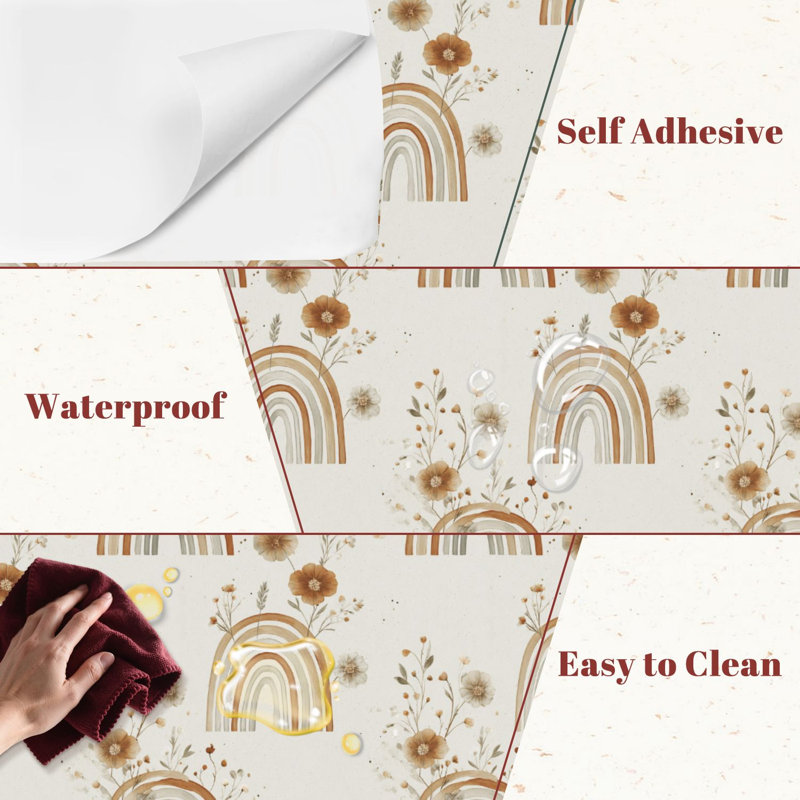 Papier peint adhésif peler et coller en PVC, revêtement mural auto-adhésif amovible avec impression d'arches arc-en-ciel de style botanique à la main, imperméable pour la décoration intérieure - Rouleau