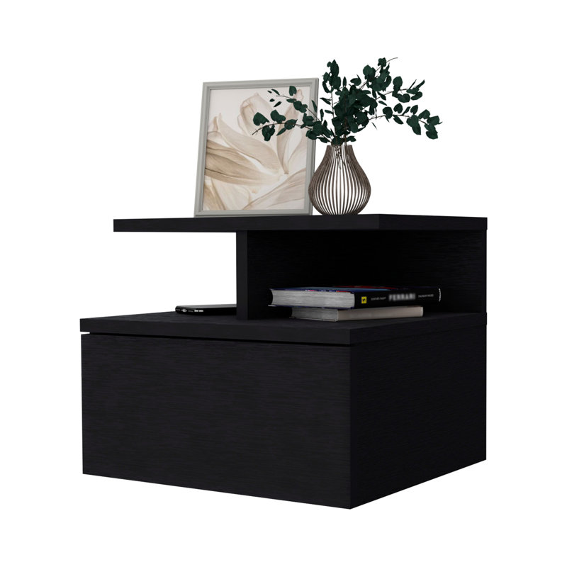 Table de chevet 1 tiroir noir avec 2 tablettes intrigantes pour le rangement, Noir