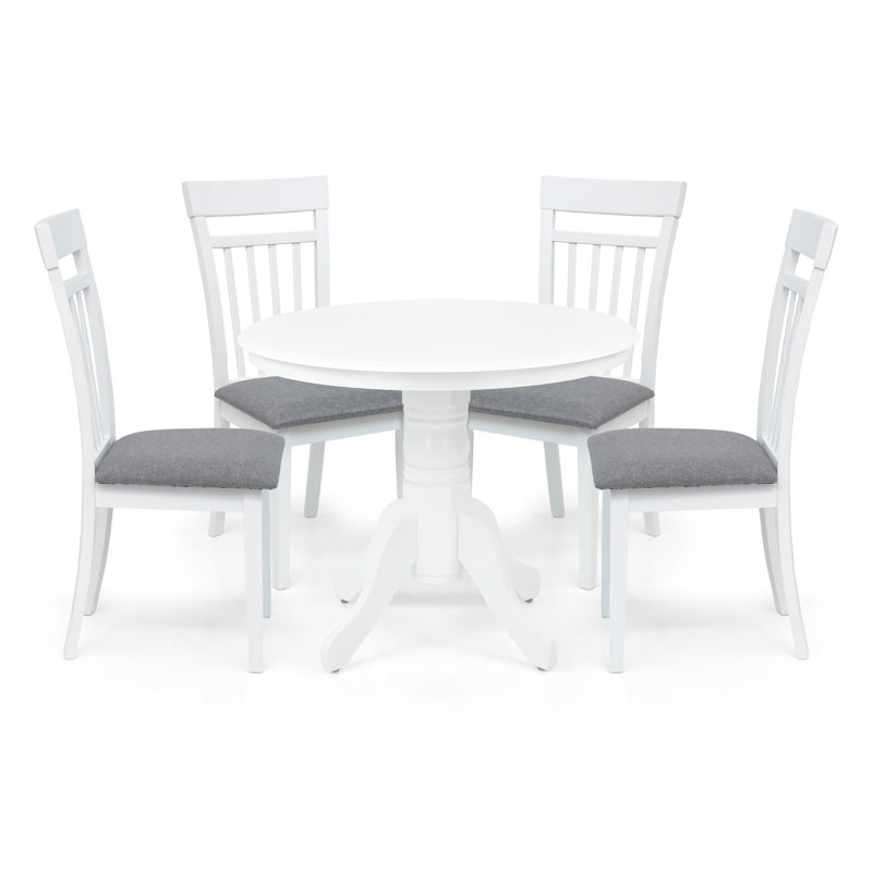 5 Piece Dining Table Set, 4 Classic Style Solid Wood Warm Chairs with Pedestal Round Dining Table, Kitchen Room Set, w Gray Cushions