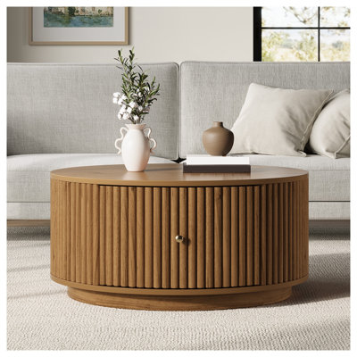 Table basse ronde cannelée avec deux tiroirs dissimulés, table basse centrale en bois massif et MDF fini noyer