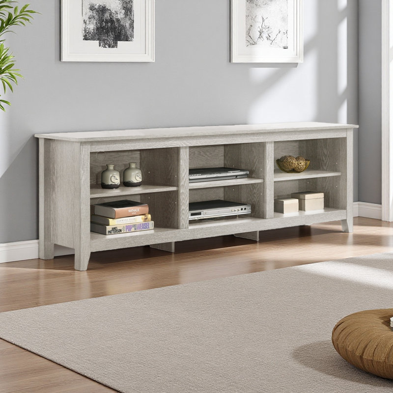 Dusty 70" Wide TV Stand With Open Shelves And Cable Management, Light Gray