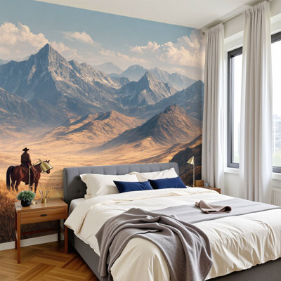 Peel and Stick Wallpaper 96" W x 69" H Modern Self Adhesive Wall Mural for Bedroom Vintage Western Sunset Mid Century Landscape Cowboy Horse Riders