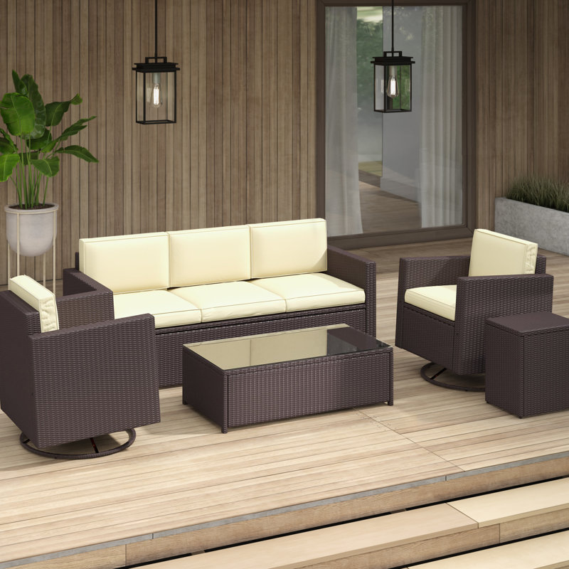 Arbedella Wicker 5 - Person Patio Conversation Set with Cushions, Sand