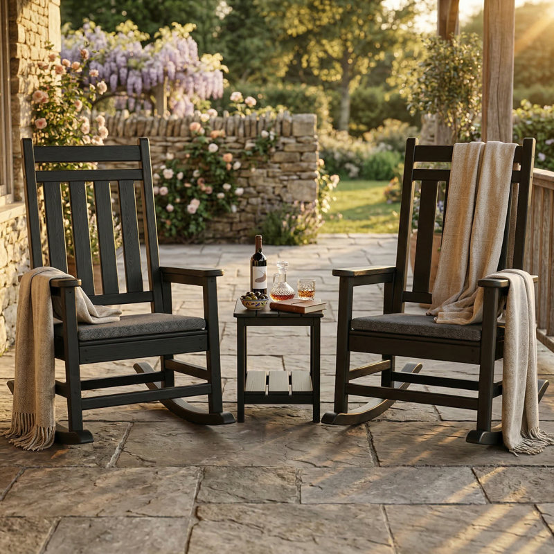 Ensemble de 2 chaises berçantes en poly pour l'extérieur avec table d'appoint - Fauteuil Bercant, Noir