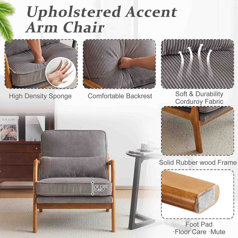Upholstered Corduroy Accent Chair, Light Grey
