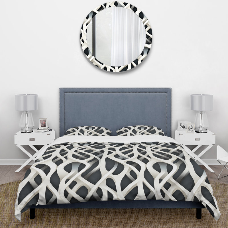 White And Black Minimalist Elegance Box Stitch Abstract Duvet Cover, King Duvet Cover + 2 King Shams