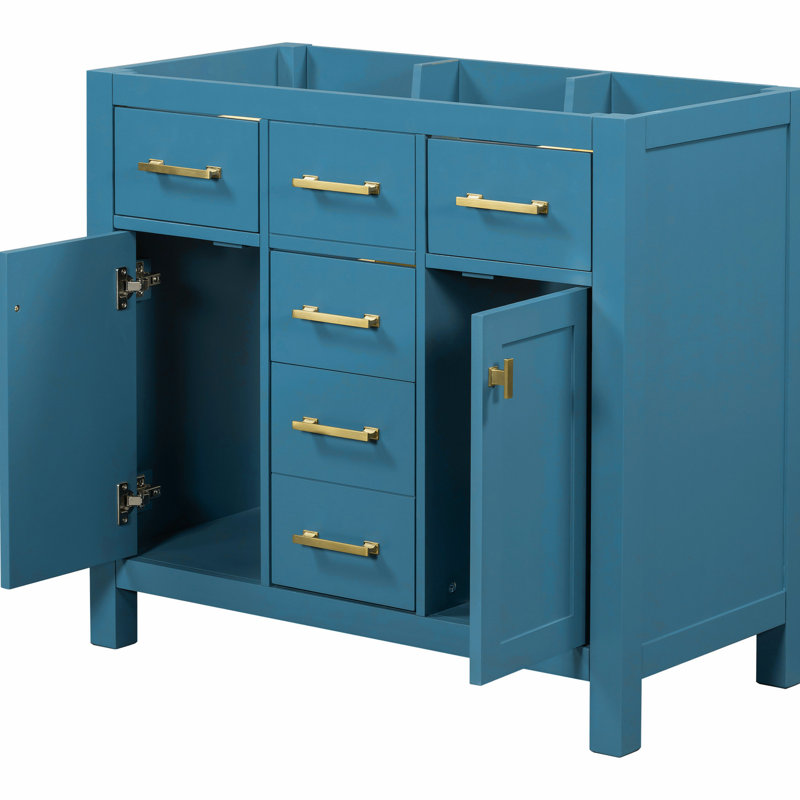 Armoire de rangement moderne pour salle de bain 36 po - Meuble-lavabo bleu, structure en bois massif, 4 tiroirs et 2 portes à fermeture en douceur