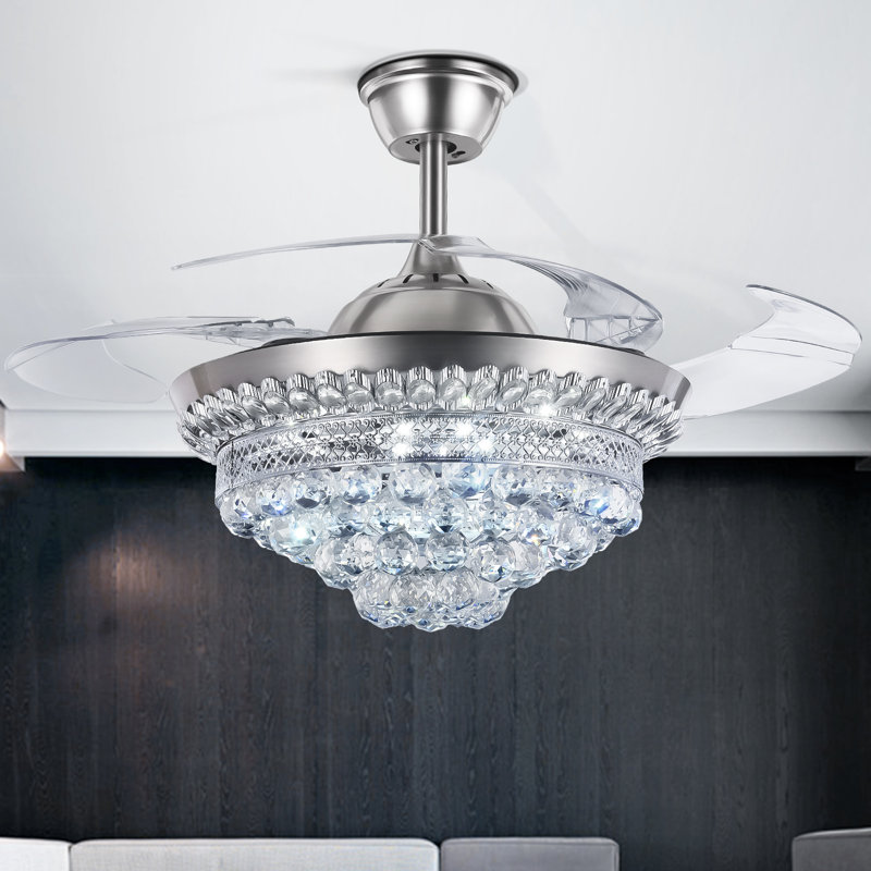 42'' Silver Crystal Retractable Ceiling Fan with 36W LED Light and Remote Control