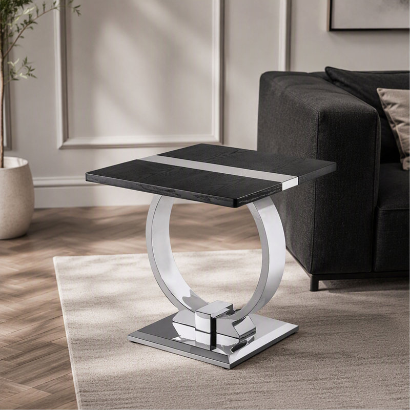 Table de bout - Base en forme de O - Finition noire et argent - Acier inoxydable - Luxe