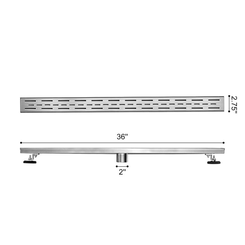 36 Inch Linear Shower Drain With Removable Brick Patterned Grate Cover, 304 Stainless Steel Shower Floor Drain With Hair Strainer And Leveling Feet