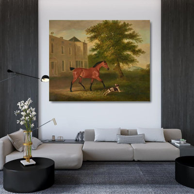 "Un cheval de châtaignier et un chien à l'extérieur du manoir Humewood, Co. Wicklow" par John Ferneley - Art sur toile tendue avec châssis