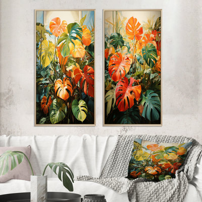 " Orange Green Tropical Foliage " 2 - Pieces