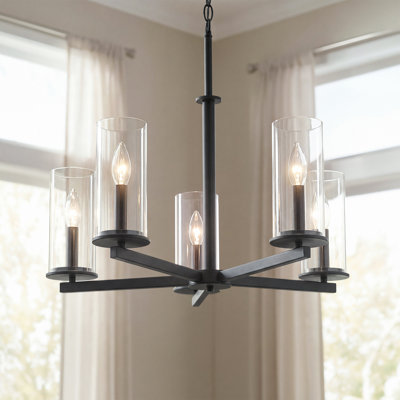 Lustre noir à 5 lumières avec abat-jour en verre transparent Crosby