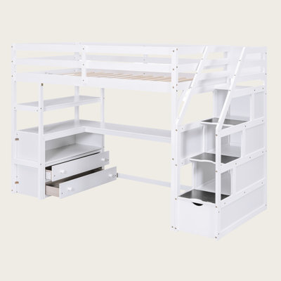 Lit mezzanine en bois massif avec bureau, tablettes, escalier de rangement et deux tiroirs intégrés