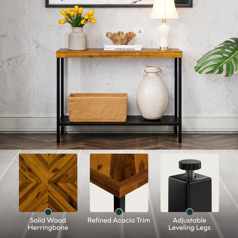 Vivian Console Table No Drawer – Rustic Golden Brown with Herringbone Wood Top & Iron Legs