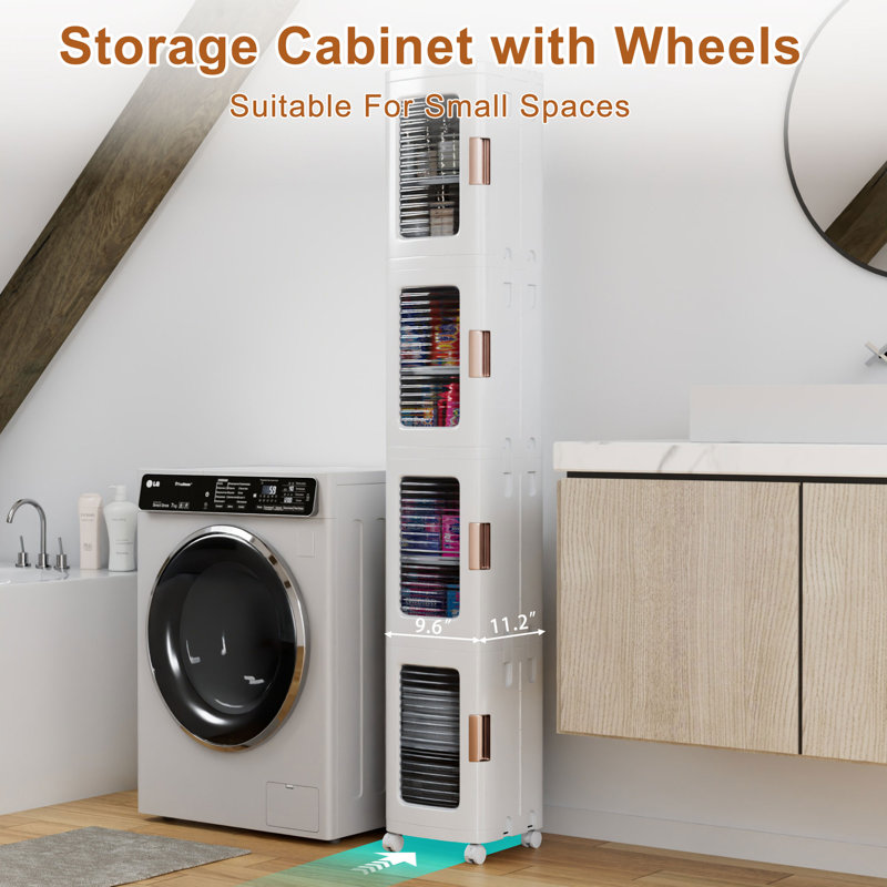 4 Tier Folding Stackable Storage Box, Stackable Storage Drawers On Wheels, Bathroom Floor Cabinet With Doors, White