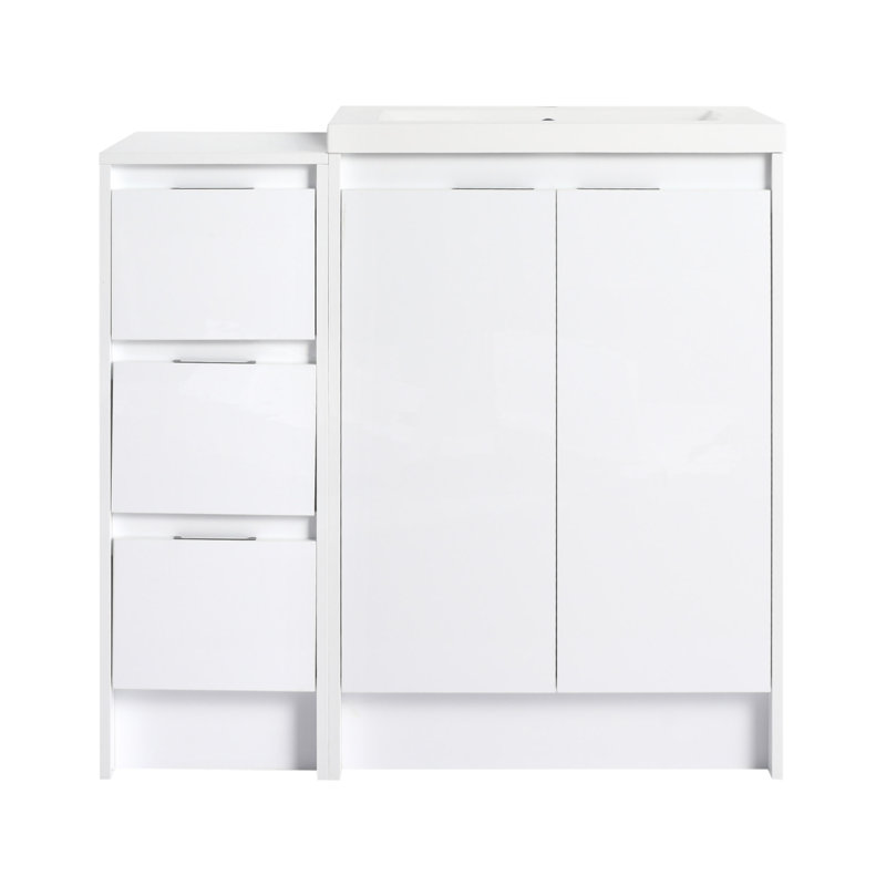 Meuble-lavabo autoportant de 36 po avec lavabo en résine et 1 armoire de rangement, portes et tiroir à fermeture en douceur, contreplaqué (emballage KD)