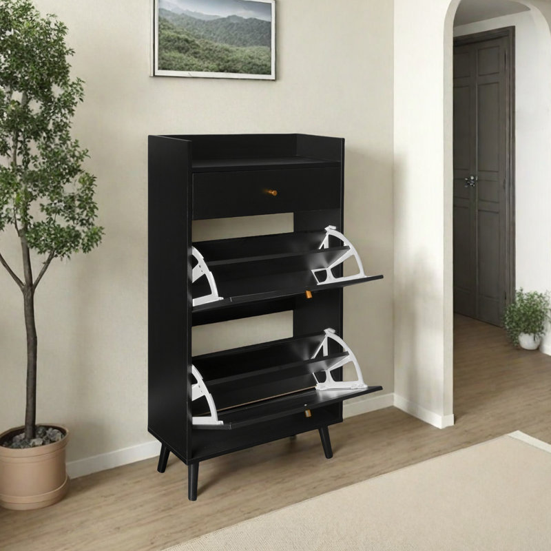 Modern Rattan Allen 2-Door Shoe Rack With 1 Drawer - Double-Layered Entryway Cabinet For Shoes And Accessories, Black