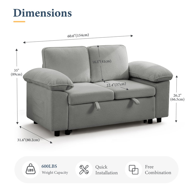Waldorf 60.6" 2-Seat Loveseat Sofa With Pull-Out Bed, Light Gray