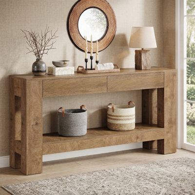 63 Inch Farmhouse Console Table With 2 Drawers, Rustic Entryway Table With Storage Shelf, Long Sofa Table For Living Room, Hallway, Foyer, Brown.